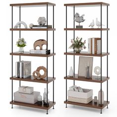 two shelving units with books, vases and other decorative items on each shelf