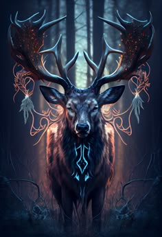 an artistic painting of a deer in the woods with glowing antlers on its head