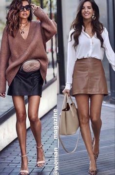 Brown Leather Skirt Outfit Spring, Leather Skirt Shirt Outfit, Leather Skirt Fall 2023, Leather Skirt With Cardigan Outfit, Leather Skirt Business Outfit, Tan Leather Mini Skirt Outfit, Leather Skirt Short, Tan Leather Mini Skirt, Leather Skirt Brown Outfit