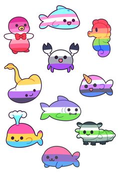 a bunch of cartoon animals with different colors