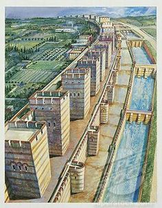 an artist's rendering of a large dam with water running through it and buildings in the background