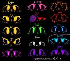 an image of different types of eyes and their names in neon colors on a black background