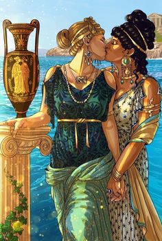 two women are kissing in front of an urn on the water's edge