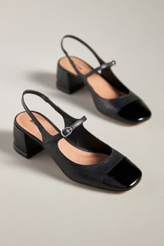 Leather upper, insole Leather, rubber sole Rubber heel Slip-on styling Imported | Mary Jane Slingback Heels by Maeve in Black, Women's, Size: 38, Leather/Rubber at Anthropologie Mary Jane Pumps Shoes, Short Heels Women, Chunky Kitten Heels, Slingback Heels Outfit Work, Vintage Black Heels, 1 Inch Heels, Womens Dress Shoes, Church Shoes, Black Shoes For Women