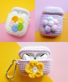 crocheted cell phone case with keychain attached to the front and side