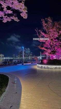 the city skyline is lit up at night with pink trees in bloom and lights on the ground