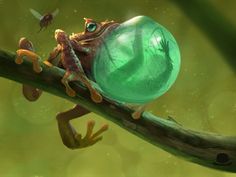 a frog sitting on top of a tree branch with a green bubble in it's mouth