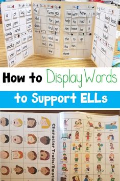 an open book with words and pictures on it that say how to display words to support ells