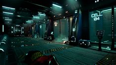 an empty sci - fi room with neon lights