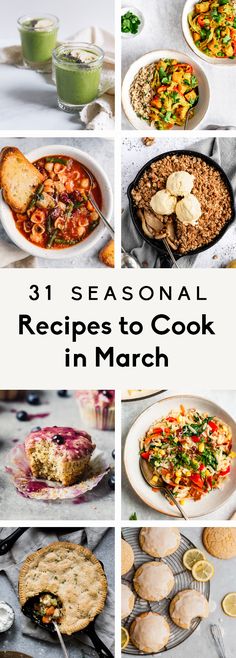 the cover of 31 seasonal recipes to cook in march, with images of different dishes