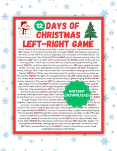 the 12 days of christmas left - right game is shown in front of snowflakes