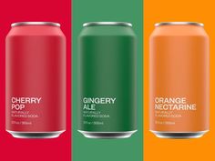 three cans of orange, nectarine and raspberry soda on different colors background