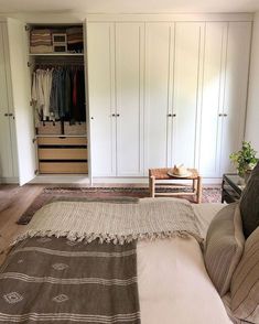 a bedroom with white closets and an area rug on the floor