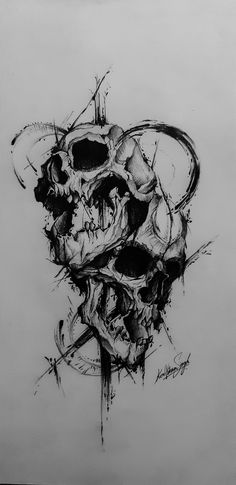 a black and white drawing of two skulls with one skull on it's head