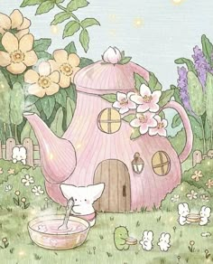 a drawing of a pink teapot with flowers on it