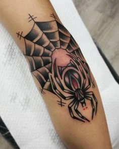 a spider web tattoo on the arm