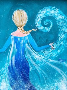 a painting of a woman in blue dress holding a white swirl on her hand and looking up at the sky