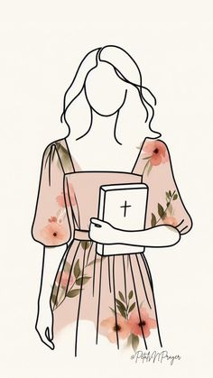 a drawing of a woman holding a box with flowers on it and the word faith written in