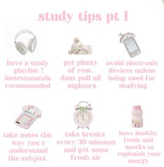 a poster with the words study tips pt 1 and other things that are in pink