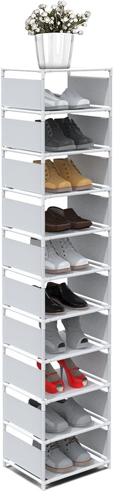 a white shoe rack with several pairs of shoes