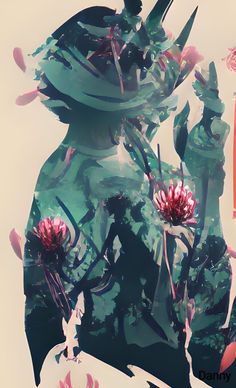 a digital painting of a statue with flowers in the foreground