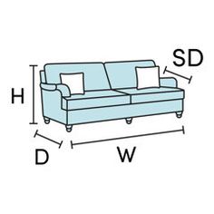 a blue couch with measurements for the seat and back cushions on it, along with other furniture