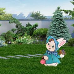 an animated image of a bunny holding a flower pot in the middle of a garden