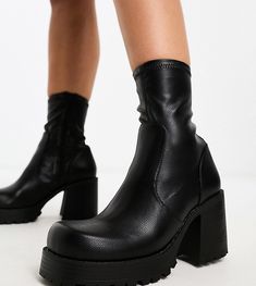 Shoes by ASOS DESIGN Time for a reboot Sock-like cuff Side zip closure Round toe Chunky sole Textured tread Mid block heel Wide fit Sock Boots, Shoes Boots Ankle, Sunglasses Shop, Body Fit, Boot Shoes Women, Jeans Shop, Block Heels, Latest Trends, Ankle Boots