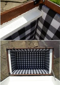 an old suitcase turned into a bench with plaid fabric on the seat and back cover