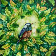 a painting of a bird sitting on top of leaves