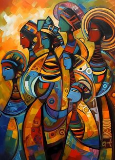 an abstract painting of three people with colorful colors and shapes on the image is shown