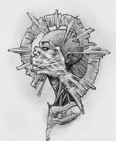 a black and white drawing of a person's head with spikes on his face