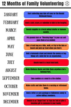 the 12 months of family volunteering chart with dates for each month, and an image of