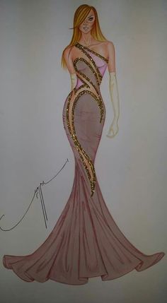 a drawing of a woman in a pink dress with gold sequins on it