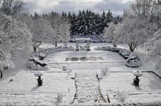 a snow covered garden with benches and trees in the background, surrounded by snow - covered shrubs