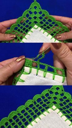 two pictures showing how to crochet the edges of a piece of fabric with scissors