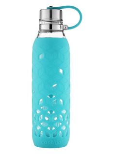 a blue water bottle with a metal lid