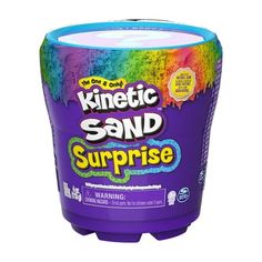 a container of kindle sand that is purple and has rainbows on the side