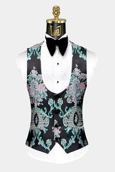 Black And Green Tuxedo, Exotic Outfits, Green Tuxedo, Damask Fabric, Canvas Pants, Tuxedo Suit, Damask Print, Tuxedo Jacket, Collar Designs