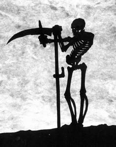 a skeleton holding a skateboard on top of a metal pole in front of a cloudy sky