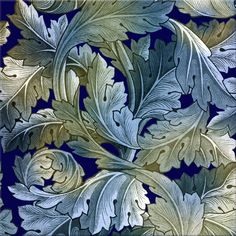 a blue and gold leafy pattern on a dark purple background with white outlines