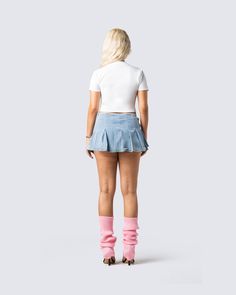 Dumb, but pretty 😚 This three-piece set features a rhinestone graphic top, denim pleated skirt, and pink ribbed leg warmers. Who needs brains when you look this good, let's be real 💅🏼 White Corset Dress, Denim Pleated Skirt, Rhinestone Top, Pink Ribbed, Mesh Maxi Dress, White Corset, Sequin Mini Skirts, Pink Ruffle, Graphic Top