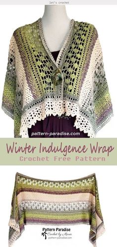 a crochet shawl is shown with the text winter indulgence wrap