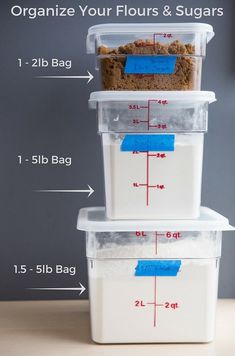 three plastic storage containers with labels on them labeled to organize your flour and sugars