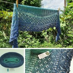 there is a blue crochet shawl hanging on a clothes line and next to it are two pictures of the same item