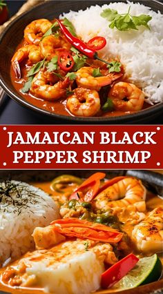 this is an image of jamaican black pepper shrimp with rice and vegetables in a red sauce