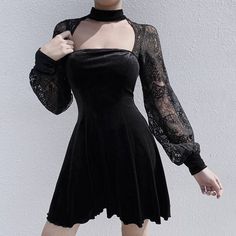 Gothic Lantern Long Sleeve Lace Velvet Patchwork Dress | Uniqistic.com Long Sleeve Vintage Dresses, Harajuku Dress, Lace Halter Dress, Lantern Sleeve Dress, Black Halter Dress, Empire Waistline, Velvet Lace, Gothic Dress, Patchwork Dress