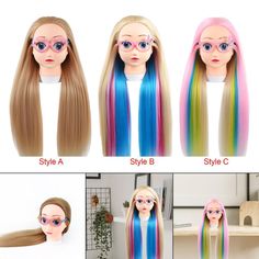 the wigs are different colors and styles for doll hair, as well as long blonde hair