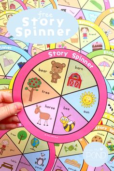 Round card divided into 6 parts, each with a small picture and word. It says Story Spinner on the edge and show a bear, barn, sun, bee, horse, and tree. Story Telling Activities, Online Preschool, Preschool Planning, Fun Classroom Activities, Library Activities, Story Activities, Book Baskets, Online Teachers, Creative Activities For Kids