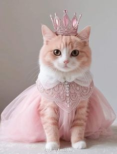 a cat wearing a pink dress and a tiara